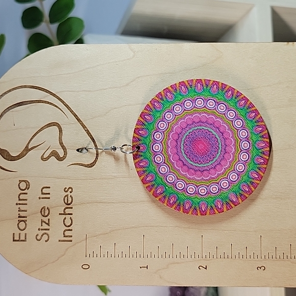 Oversized Mandala Wood Drop Earrings - Picture 3 of 5